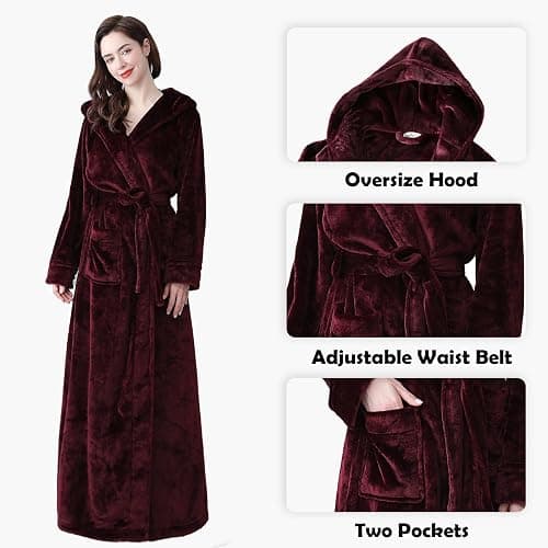 Oksun Womens Long Fleece Robe: Floor Length Flannel Hooded Bathrobe, Plush Warm Winter Housecoat, Fluffy Soft Cozy Nightgown thumbnail 5