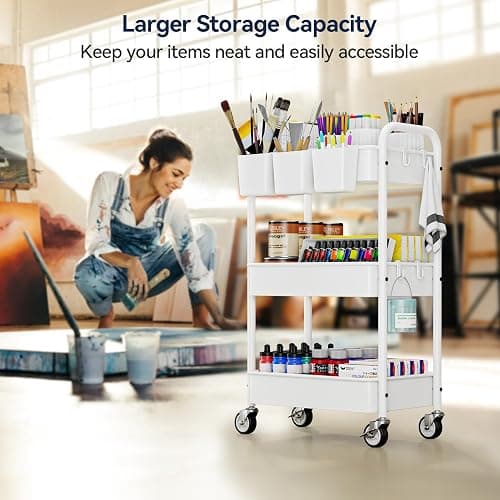 YASONIC Metal 3 Tier Rolling Cart - Heavy Duty Utility Cart with Lockable Wheels, Hanging Cups, Hooks, Mesh Rolling Storage Cart Craft Cart Organizer, Lightweight and Sturdy, White thumbnail 6