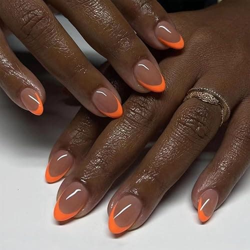 Short Press on Nails Almond Orange French Tip Glue on Nails Cute Fake Nails Full Cover Stick on Nails Glossy Artificial Nails Short Acrylic Nails Press ons Reusable False Nails for Women 30 Pcs - Image 1