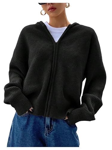 SOLY HUX Zip Up Cardigan for Women Hooded Cardigan Sweater Knitted Drop Shoulder Fall Clothes Winter Hoodies Outerwear - Image 1