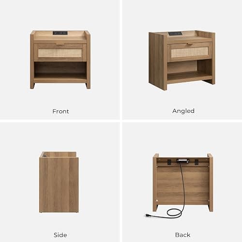 SICOTAS Night Stand Set of 2 Nightstands - Rattan Bed Side Table with Drawer Storage,Type-C Charging Station End Table - Boho Bedside Night Stands for Bedroom - Natural Oak thumbnail 9