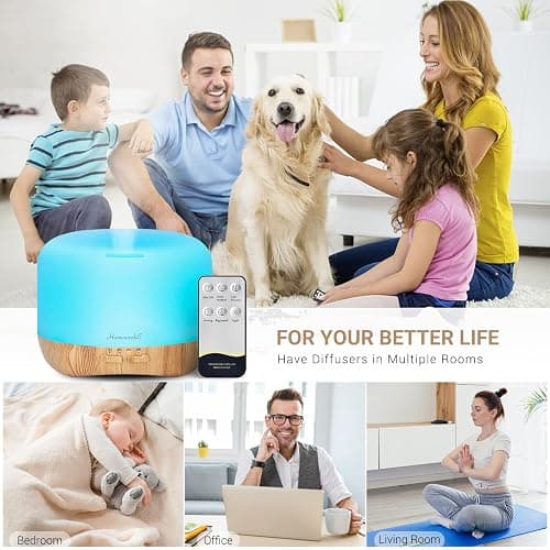 Homeweeks 300ml Essential Oil Diffuser, Quiet Aromatherapy Mist Diffusers for Essential Oils, Wood Grain, Ultrasonic, Remote Control, Timer, 7 Colors Light for Bedroom (300ml) - Wood - 300 ml thumbnail 4