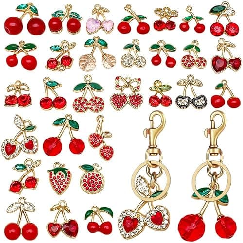 30Pcs 3D Enamel Cherry Charm Pendants for Necklaces Red Pink Cute Fruit Charms for Jewelry Making Alloy Strawberry Charms for Bracelets DIY Earrings Keychains Craft Charm Women Jewelry Accessories thumbnail 2