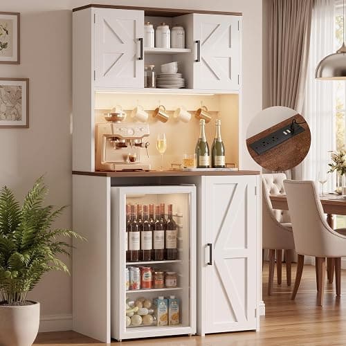 Unikito Mini Fridge Cabinet with Storage, Outlet and LED Light, White | 74" Coffee Bar Cabinet, Liquor Wine Bar Stand with Mini Fridge Space & Microwave Shelf, Beverage Station for Home Kitchen - Image 1