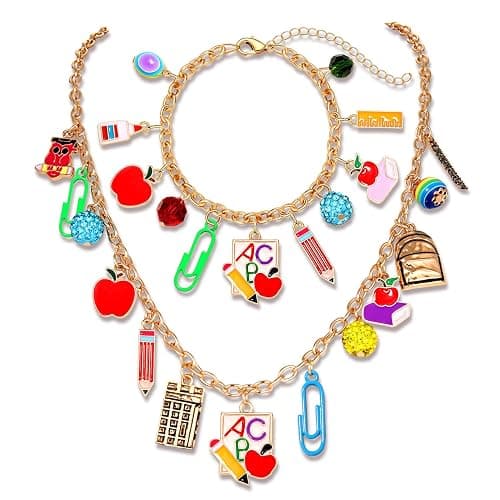 YAHPERN Teacher Necklace Earrings Bracelet for Women, Teacher Accessories, Cute Apple Pencil Book Charms Bracelet Choker Necklace Apple Earrings Teacher Appreciation Gifts Back To School Jewelry - Image 1