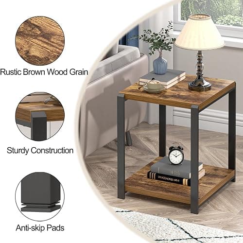 EXCEFUR End Table with Storage Shelf, Modern Side Table for Living Room, Wood and Metal Bedside Table Nightstand, Rustic Brown thumbnail 6
