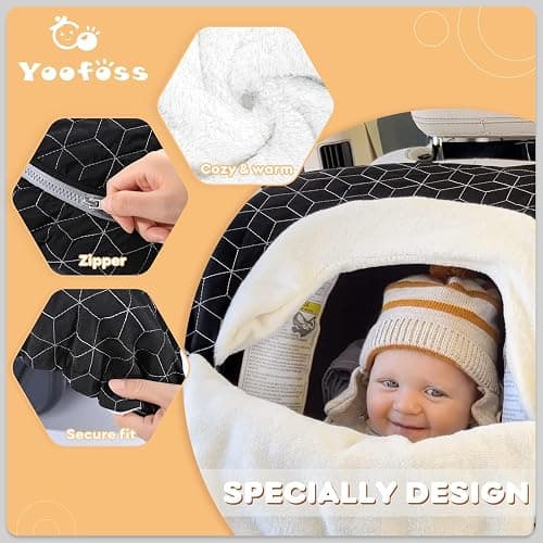 Yoofoss Baby Car Seat Cover Winter Carseat Canopies Cover to Protect Baby from Cold Wind, Super Warm Plush Fleece Baby Carrier Cover for Infant Boys Girls (Black) thumbnail 3