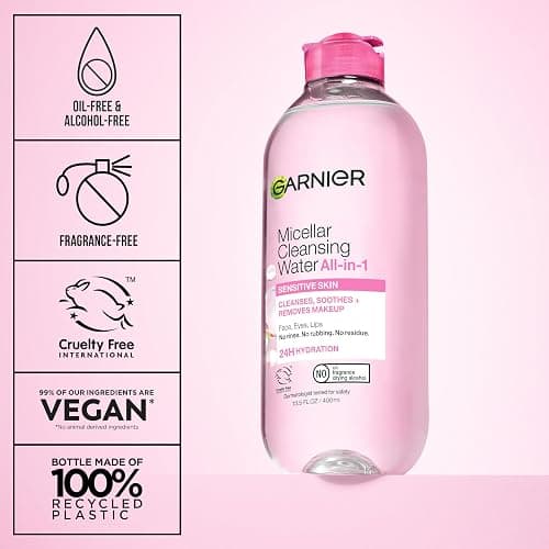 Garnier Micellar Water, Hydrating Facial Cleanser & Makeup Remover, Suitable for Sensitive Skin, Vegan, Cruelty Free, 13.5 Fl Oz (400mL), 2 Count thumbnail 4