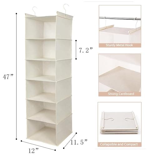 MAX Houser 6 Tier Shelf Hanging Closet Organizer, Cloth Hanging Shelf with 2 Sturdy Hooks for Storage, Foldable (Beige) - Beige thumbnail 3