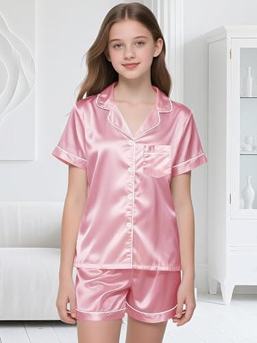 LANKMEI Girls Pajamas 2 Piece Silky Satin Pajamas Set Short Sleeve Top and Shorts, Soft and Cozy Sleepwear for Kids thumbnail 4