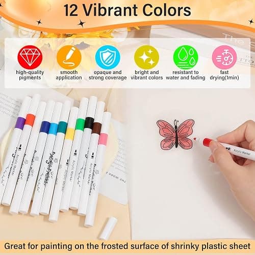 Flasoo 87 PCS Shrinky Plastic Sheets Kit, Including 15 Sheets Shrinky Art Paper, Acrylic Paint Markers, Keychains for Creative Crafts and Keychain Making thumbnail 4
