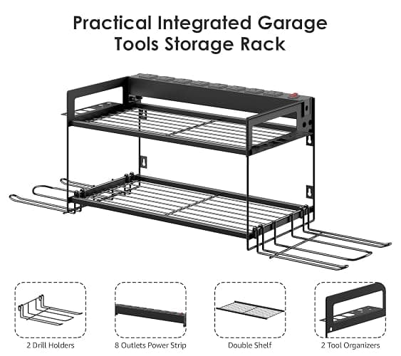 CCCEI Garage Tools Storage with Charging Station. Power Tool Battery Organizer Utility Shelf with Power Strip. 4 Drills Holder Wall Mount Rack, Black. thumbnail 5