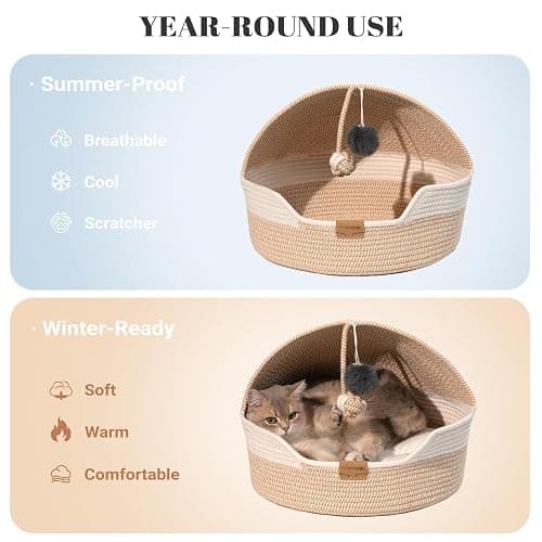 CHEERPALS Cat Basket Bed with Washable Cushion and Ball Rope Cotton, Covered Pet Bed for Indoor Cats Cave Bed Hooded, Stimulicat Cat Bed Handwoven Breathable, All Season Universal(White) thumbnail 3