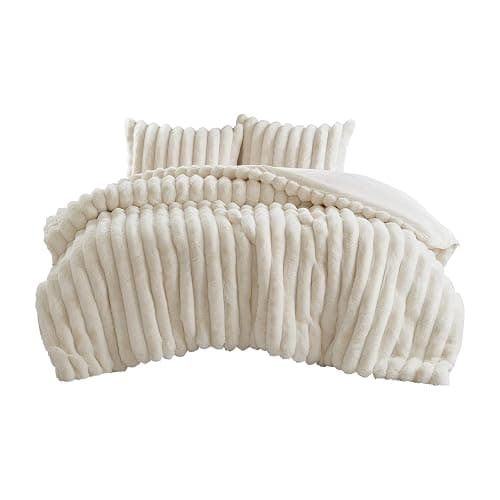 Madison Park Jasmine Luxurious Plush Queen Comforter Set, 3 Piece, Ivory | Soft Faux Fur Ribbed Velvet Bedding Set Full Size for Winter, Reversible, Warm Fuzzy Thick, with Matching Shams thumbnail 12