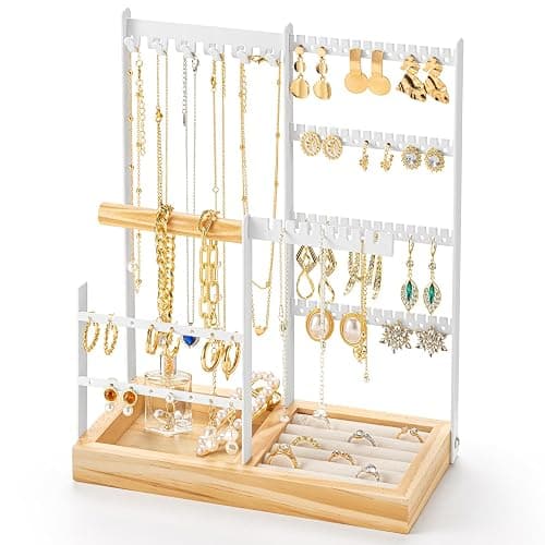 DreamGenius Jewelry Organizer Stand with Velvet Ring Holder, 4 Tier Jewelry Holder Organizer with 11 Hooks for Necklaces and 132 Holes for Earrings, White - Image 1