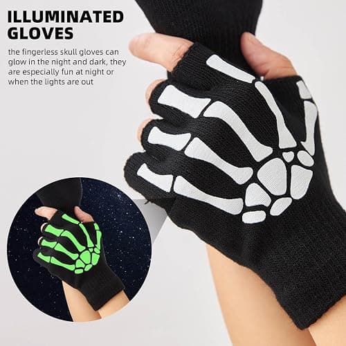 OTPEH Skeleton Gloves For Women Men Adults Fingerless Goth Gloves Glow In The Dark Halloween Costume Emo Accessories thumbnail 3