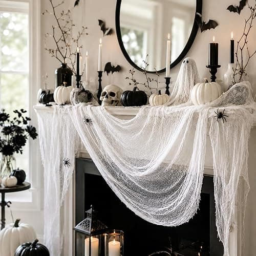 5 Pcs White Halloween Gauze Creepy Cloth Fabric Tapestry Decor Decorations | 72 x 30 inch White Halloween Decor, Indoor Outdoor Halloween Spooky Decorations for Home Wall Table Yard Haunted House Party thumbnail 3