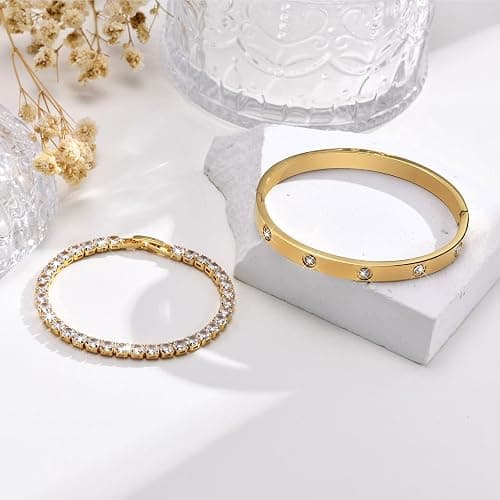 Gold Women Bangle Tennis Bracelet - Stainless Steel Gold Plated Girls Bangle, Dainty 4mm Cubic Zirconia Classic Tennis Bracelets, 17/19cm Jewelry Set Gift for Mother Best Friends thumbnail 6