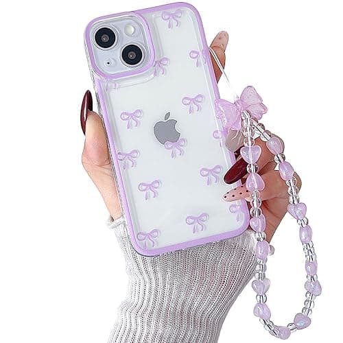 RRFNNF Cute Bowknot Case for iPhone 12, Ribbon Bow Case with Bling Bracelet Chain, Clear Aesthetic Stylish Slim Soft Durable Pretty TPU Protective Cover for Women Girls, Purple - Image 1