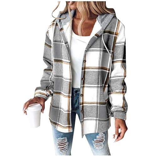 Flannel Jacket For Women Trendy - Fleece Lined Button Down Plaid Shacket Long Sleeve Hooded Jackets Fall Winter Coat thumbnail 3