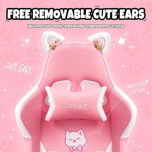 Vigosit Cat Ears PU Leather Gaming Chair Ergonomic Adjustable Office Desk Computer Chairs for Gamers Adults Kids 360 Degree Swivel Recliner 45in Height, Pink thumbnail 5