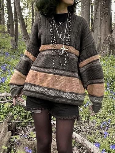 Women Y2K Argyle Striped Pullover Sweater Casual Long Sleeve Round Neck Vintage Preppy Style Pullover Knitwear thumbnail 2