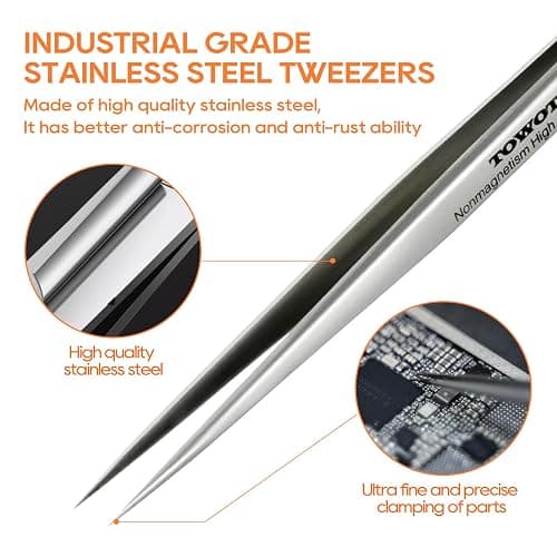 TOWOT Precision Tweezers, Stainless Steel Pointed Tweezers for Craft, Electronics, Soldering, Experimental Work, Jewelry-Making, Non-Magnetic Industrial Tweezers thumbnail 3
