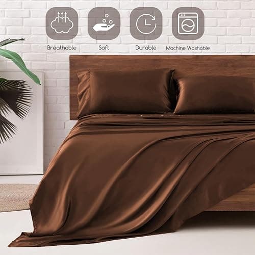 MR&HM Satin Bed Sheets, Full Size Sheets Set, 4 Pcs Silky Bedding Set with 15 Inches Deep Pocket for Mattress (Full, Brown) thumbnail 6