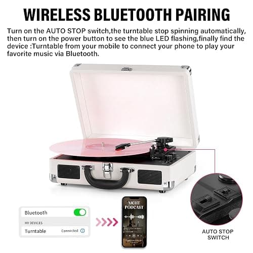 Vinyl Record Player Bluetooth 3-Speed Portable Vintage Suitcase with Built-in Speakers, RCA Line Out AUX in Headphone Jack Vintage Turntable, White thumbnail 3