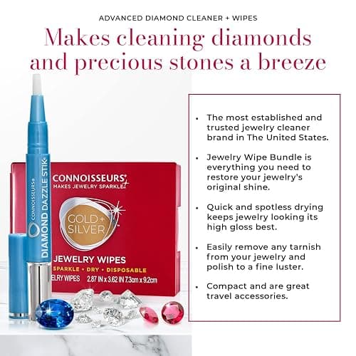CONNOISSEURS Premium Edition Compact Jewelry Wipes No Rinse Gold and Silver Jewelry Cleaner, Polish and Remove Tarnish to Restore Brilliance, Dry Disposable Wipes, Diamond Dazzle Stik thumbnail 2