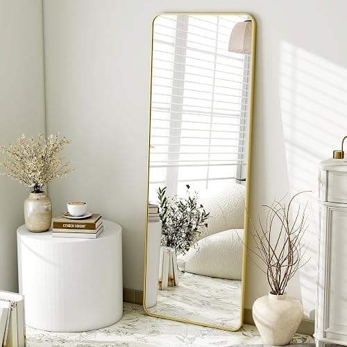 HARRITPURE 56" x 21“ Full Length Mirror - Rounded Corner Floor Mirror with Stand, Gold Aluminum Frame Full Body Mirror, Hanging/Leaning/Standing Mirror for Bedroom, Cloakroom thumbnail 2