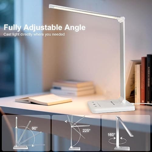 White crown LED Desk Lamp Dimmable Table Lamp Reading Lamp with USB Charging Port, 5 Lighting Modes, Sensitive Control, 30/60 Minutes Timer (White, First-Generation) thumbnail 9