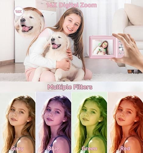 Digital Camera, 44MP FHD 1080P Point and Shoot Digital Camera with 16X Zoom, Small Compact Camera with Face Detect, 32GB SD Card, Anti Shake for Kids Teens Boys Girls (Pink) thumbnail 3