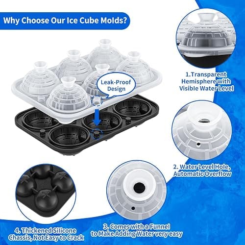 6 Chamber 2.34" 3D Death Star Ball Ice Cube Tray With Funnel,Large Round Ice Ball Molds Silicone Fun Shapes Whiskey Circle Ice Tray,For Chilling Whiskey,Cocktails,Bourbon,Brandy and Beverages thumbnail 5