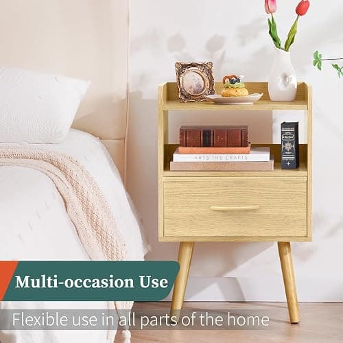 Yoobure Modern Nightstand with Fabric Drawer, Bedside Tables, Mid Century Nightstand with Open Storage Shelf, Wood Bedside Table, Small Night Stands for Bedrooms, 2-Tier Night Table thumbnail 7
