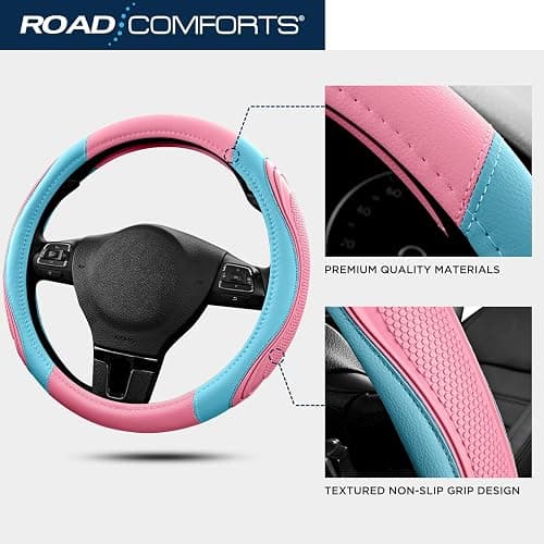 Road Comforts Car Steering Wheel Cover - Microfiber Leather Steering Wheel Wrap Sports 14.5-15 Inch Steering Wheel Cover Non-Slip for Men Women Pink & Blue Color thumbnail 4