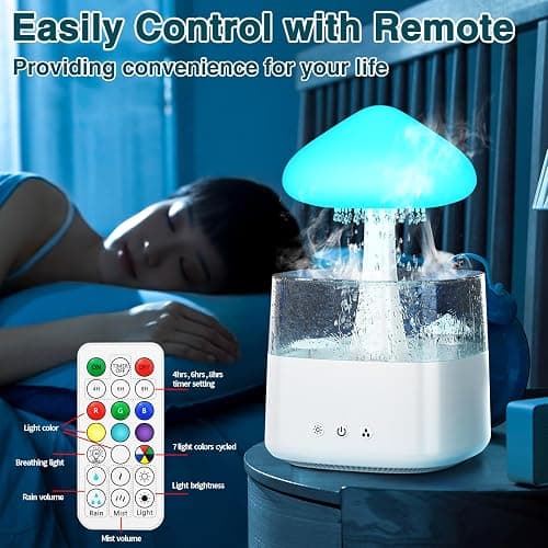 Cloud Humidifiers Rain Water Drip 450ML Mushroom Humidifiers with Remote Control 7 Colors Mood Light Air Humidifier Raindrop Humidifiers for Bedroom thumbnail 6
