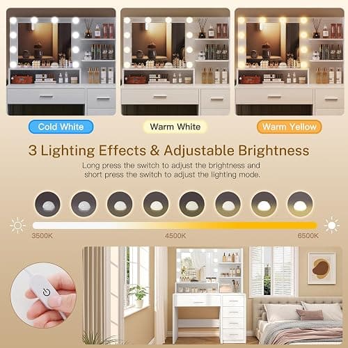 FIONESO Vanity Desk with Mirror and Lights, Makeup Vanity with 5 Drawers and 3 Storage Shelves, 3 Color Modes & Adjustable Brightness Dressing Table, Vanity for Girls, White thumbnail 6