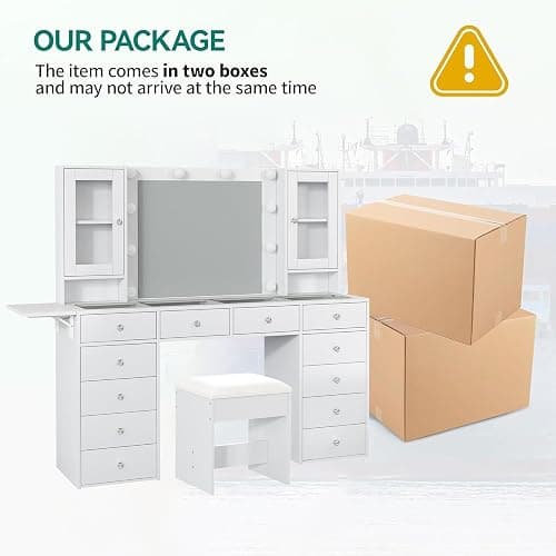 Vanity with Mirror and 10 LED Lights,Vanity Desk with Power Outlet, Makeup Vanity with 12 Drawers and 2 Cabinets, Fold-up Panel, Glass Top Vanity Table with Chair for Bedroom, White thumbnail 9