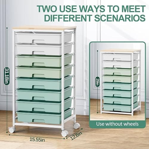 Storage Cart with 8 Drawers, Utility Cart with White Drawers and Wooden Tabletop, Craft Cart, Teacher Organization for Classroom, Storage Furniture, Office Organization, Green thumbnail 2