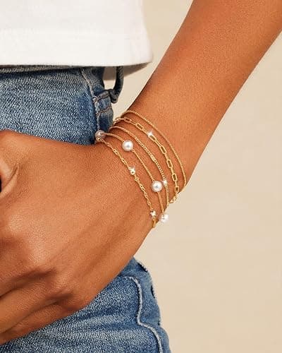 NECOCY 14K Gold Plated Bracelets for Women, Stackable Bracelet Stack Set Adjustable Charm Paperclip Chain Cuban Link Layered Waterproof Jewelry Sets Christmas Gifts for Love thumbnail 6