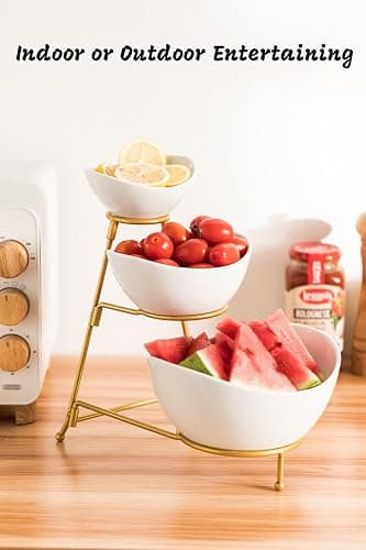 LAUCHUH 3 Tier Serving Stand Serving Dishes for Entertaining Porcelain Oval Bowl Set Tiered Serving Tray for Fruit, Vegetable, Nuts, Salad, Chip Dip Bowl Set for Father's Day, Gold thumbnail 6