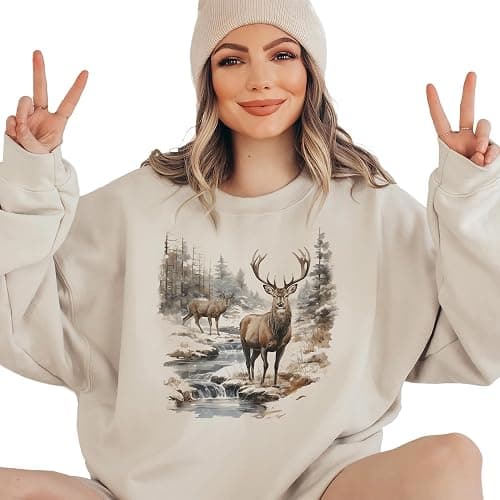 Vintage Deer Wilderness Scene - 90s Vintage Deer Sweatshirt - Scenic Winter Nature Sweater - Unisex Graphic Crewneck Sweatshirt thumbnail 4