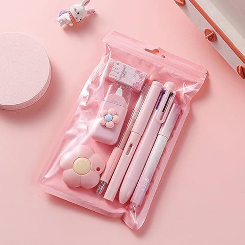 MOZXIRZ 7 Pcs Cute Pink Stationery Set Kawaii School Supplies Office Supplies Including Ballpoint Pens Pencil Sharpener Highlighter Correction Tape Ruler Utility Knife (Pink) - Pink thumbnail 2