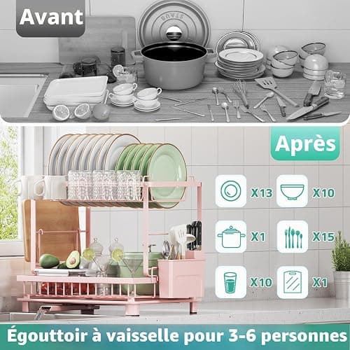 Nfnoyp Égouttoir à Vaisselle Multifonction à 2 Niveaux, antirouille avec égouttoir, ustensiles et Porte-gobelets pour comptoir de Cuisine, Rose thumbnail 7
