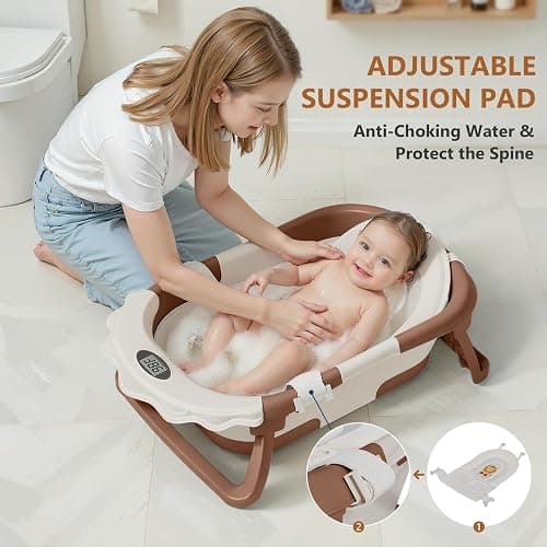 MoreFeel Foldable Baby Bathtub with Thermometer - 4-in-1 Grow-with-Me Collapsible Infant Tub (Newborn to Toddler) with Adjustable Mesh Sling - Space Saving Design thumbnail 3