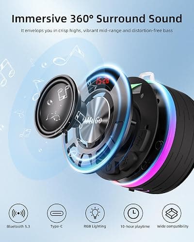 MuGo Shower Bluetooth Speaker Waterproof IPX7, 360° HD Stereo Sound Bathroom Speaker Bluetooth 5.3 with RGB Lights, Suction Cup and Microphone, Mini Shower Radio for Home/Party/Outdoor thumbnail 3