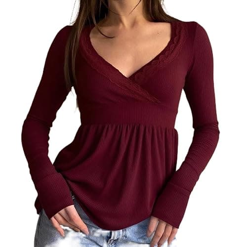 Women Y2k Fairy Grunge Tops Long Sleeve Slim Fit V Neck Shirts Vintage Clothes Aesthetic 2000s Girl T Shirts - Image 1