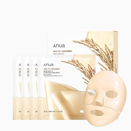 ANUA Rice 70 Glow Collagen Mask, Overnight Face Mask for Glass Skin, Ceramide, Collagen Facial Mask, Skin Moisture Barrier, Tightening Care, Natural Color, Korean Skin Care (38g, 4ea) - Rice - Image 1