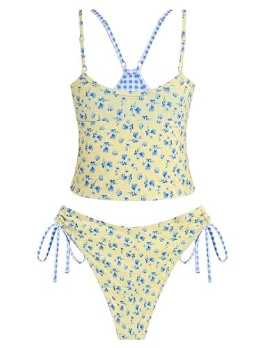 ZAFUL Women Double Layer Tankini Set V Neck Color Block Swimsuit Side Tie Two Piece Bathing Suit thumbnail 2